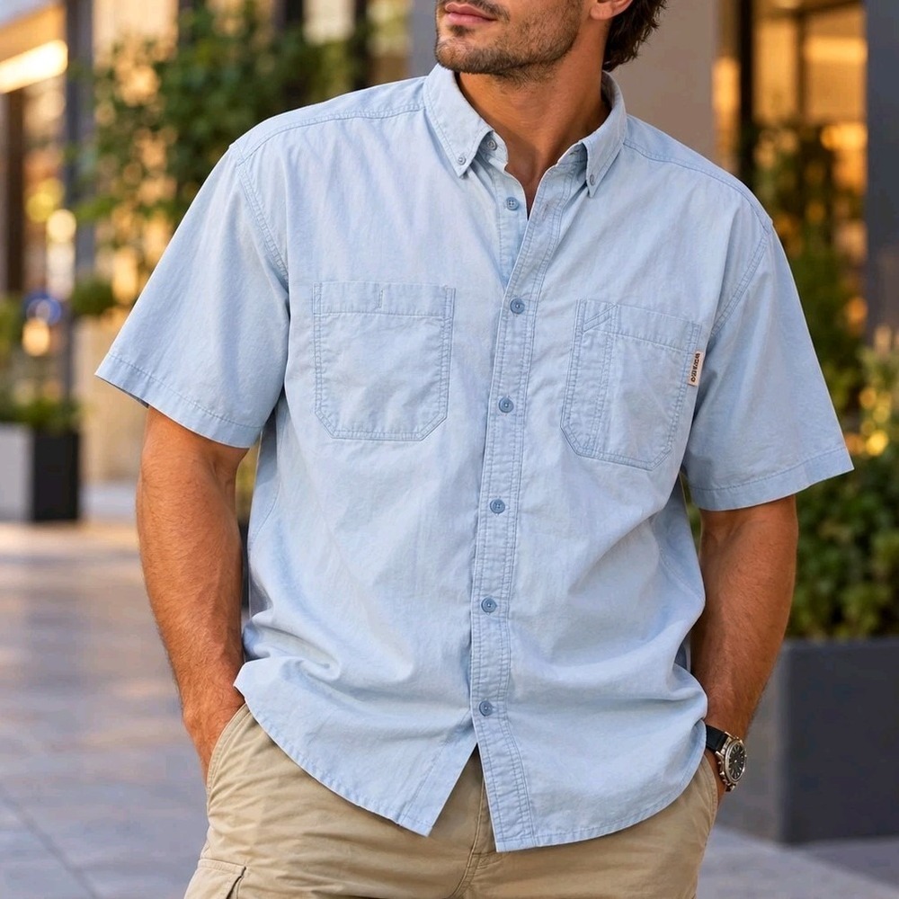 Wolverine Men's XXL Short Sleeve Button Up Fishing Outdoor Shirt Light Blue